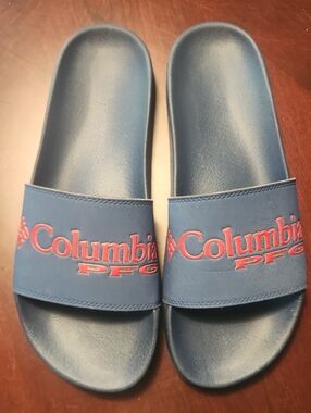 Columbia Blue Slide Sandals with Red Logo